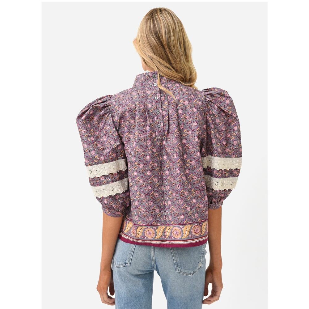 Hunter Bell Molly Blouse Puff Sleeve Printed Poplin Cotton Size Large - Picture 2 of 10